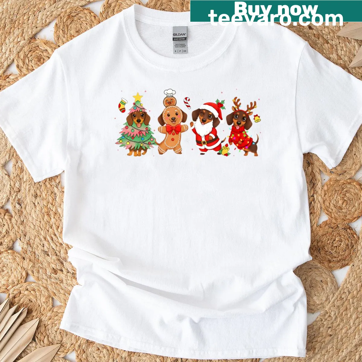 Christmas-themed T-shirt with cute dachshunds and festive illustrations — on a men's t-shirt