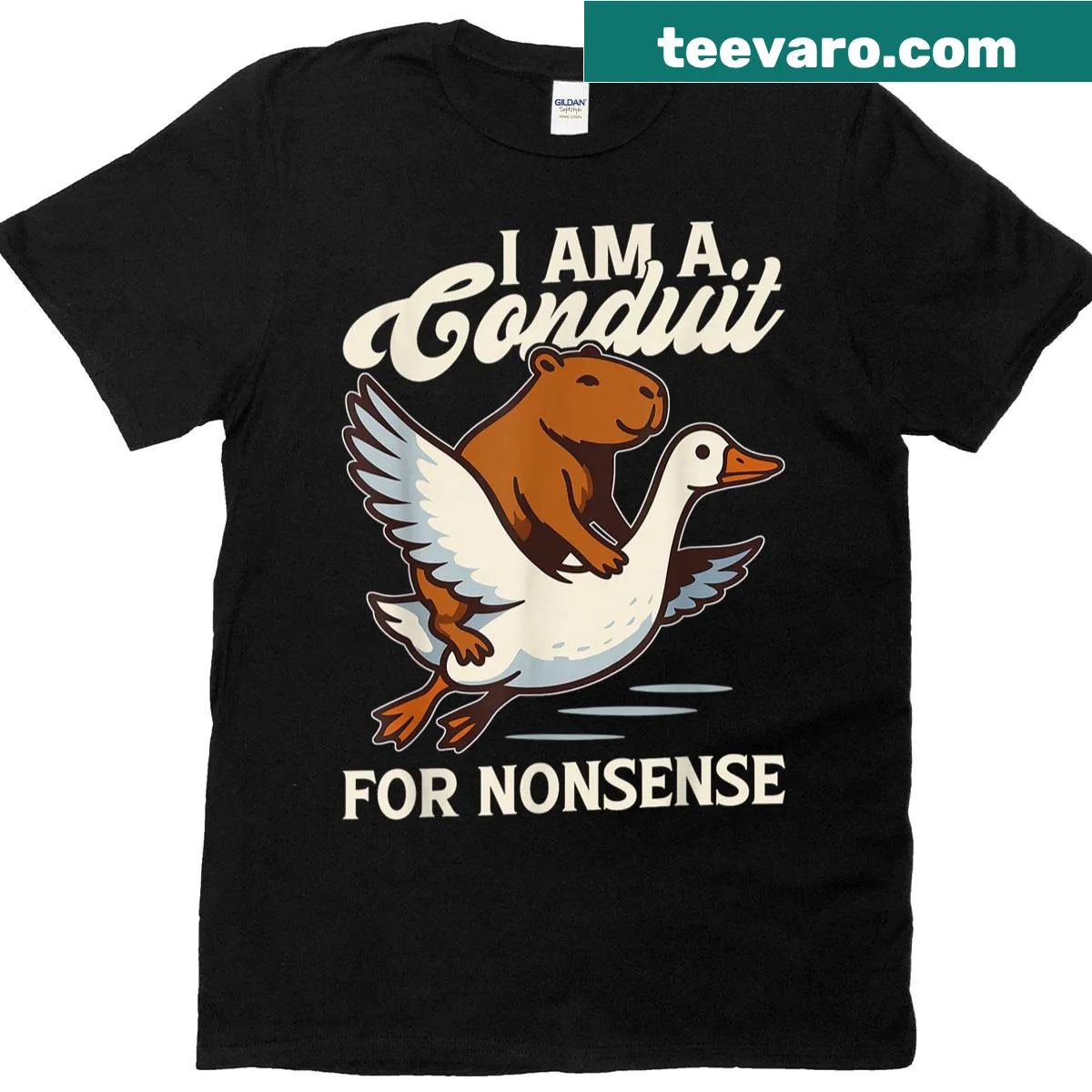 Funny T-shirt featuring the Cutecapybara goose meme design. — on a men's t-shirt