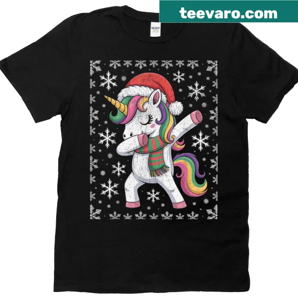 Playful Christmas T-shirt featuring a dabbing unicorn in a Santa hat.