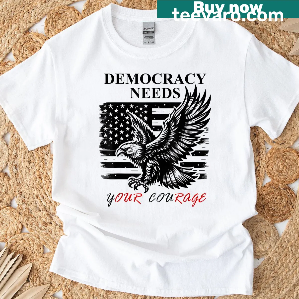Typography t-shirt with the text 'Democracy Needs Your Courage' across the chest. — on a men's t-shirt