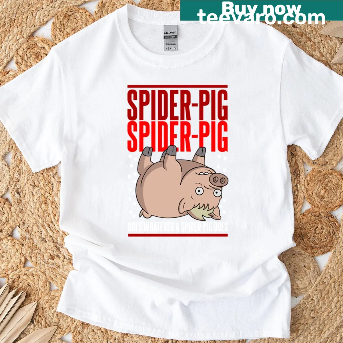 Cartoon graphic t-shirt featuring a Spider-pig with fun text — on a men's t-shirt
