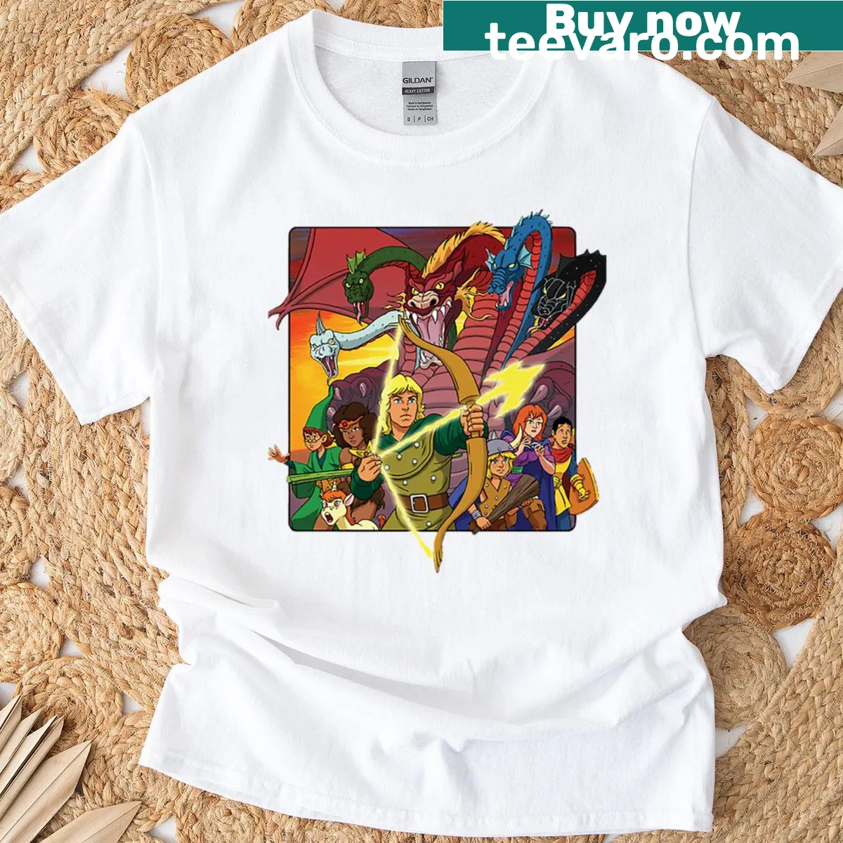 Cartoon style t-shirt featuring Dungeons and Dragons elements — on a men's t-shirt