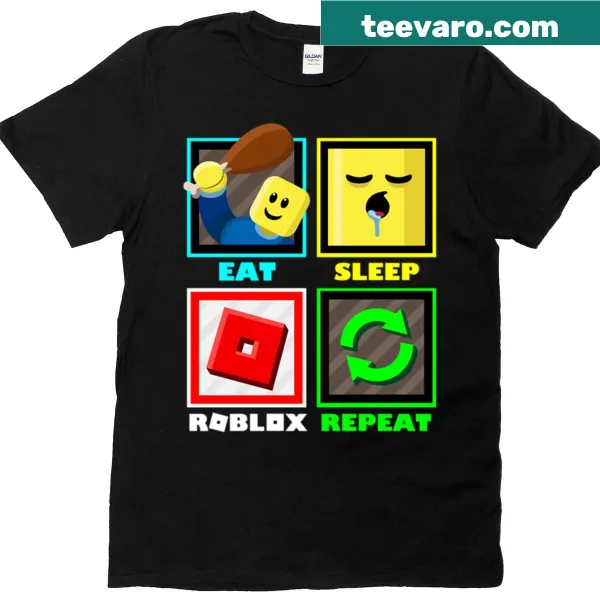 Funny gamer t-shirt with 'Eat Sleep Roblox Repeat' design