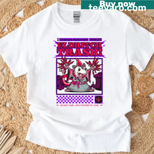 Whimsical opossum as a warlock on a T-shirt.