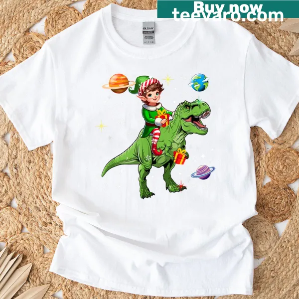 Illustration of an elf riding a T-rex with Christmas boxes and planets