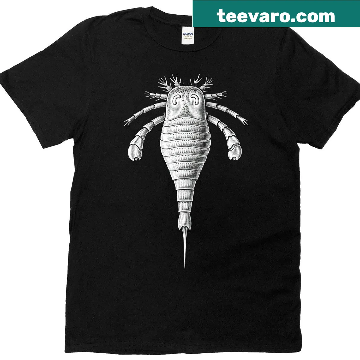 Illustrated T-shirt featuring a eurypterid fossil design — on a men's t-shirt