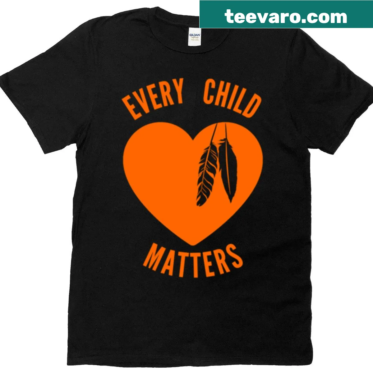 Text 'Every Child Matters' with orange design — on a men's t-shirt