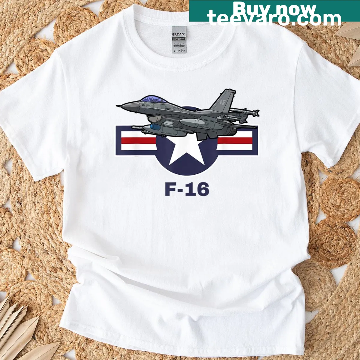 Vintage F-16 fighter jet graphic T-shirt — on a men's t-shirt
