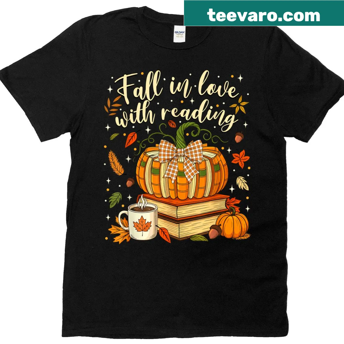 Charming T-shirt for book lovers with pumpkin and reading theme. — on a men's t-shirt