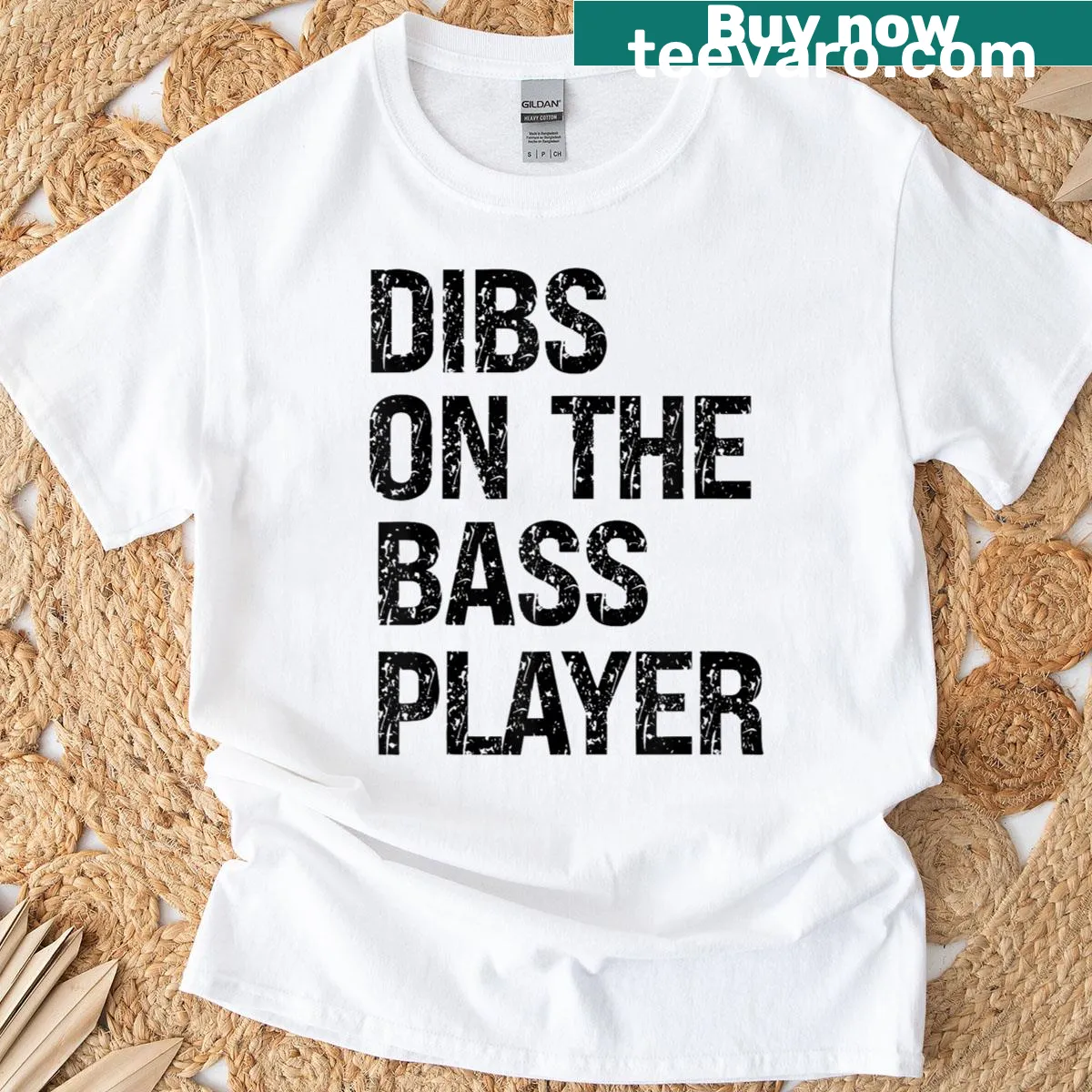 Illustrated T-shirt with 'Dibs On The Bass Player' text — on a men's t-shirt