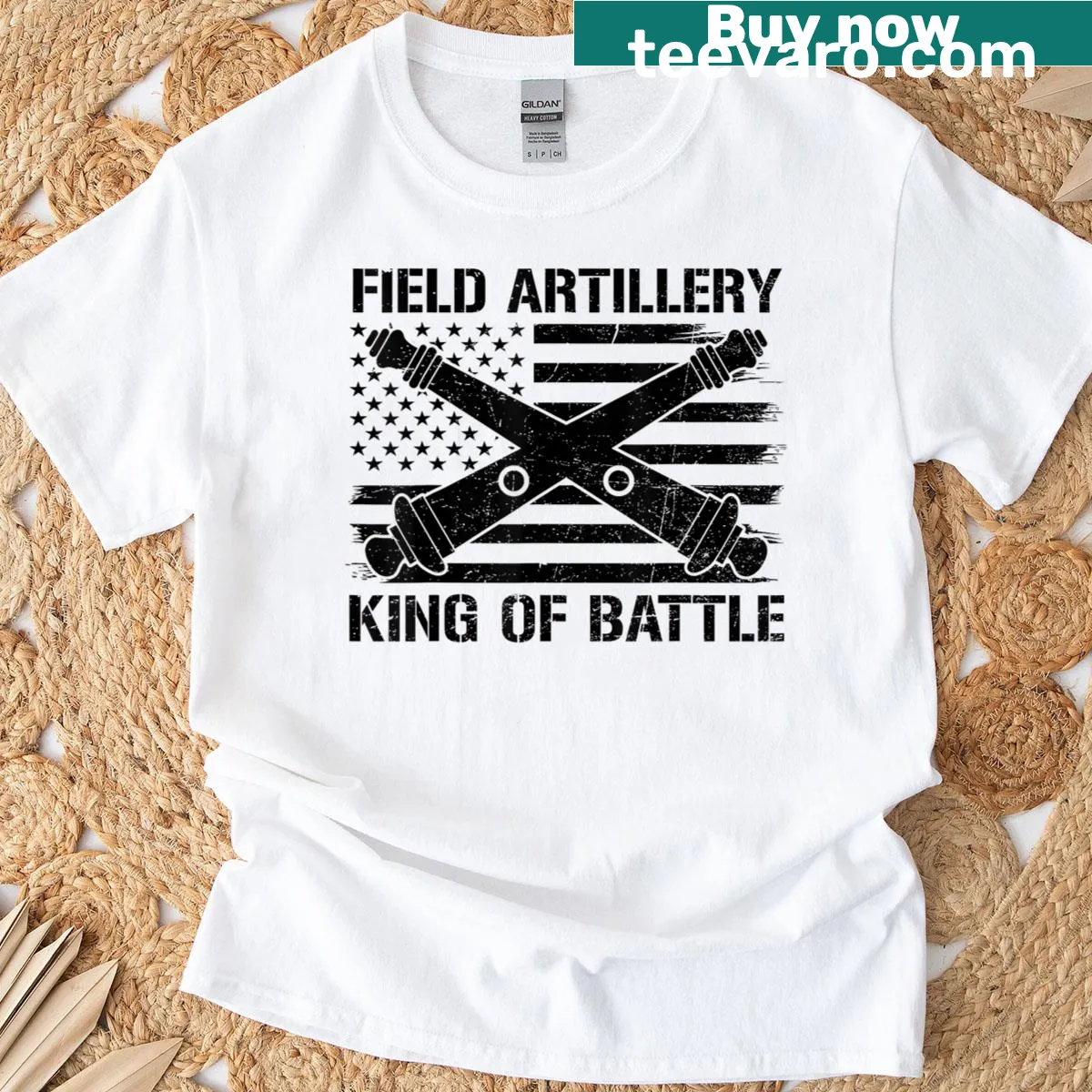 Patriotic Field Artillery emblem graphic t-shirt for veterans — on a men's t-shirt
