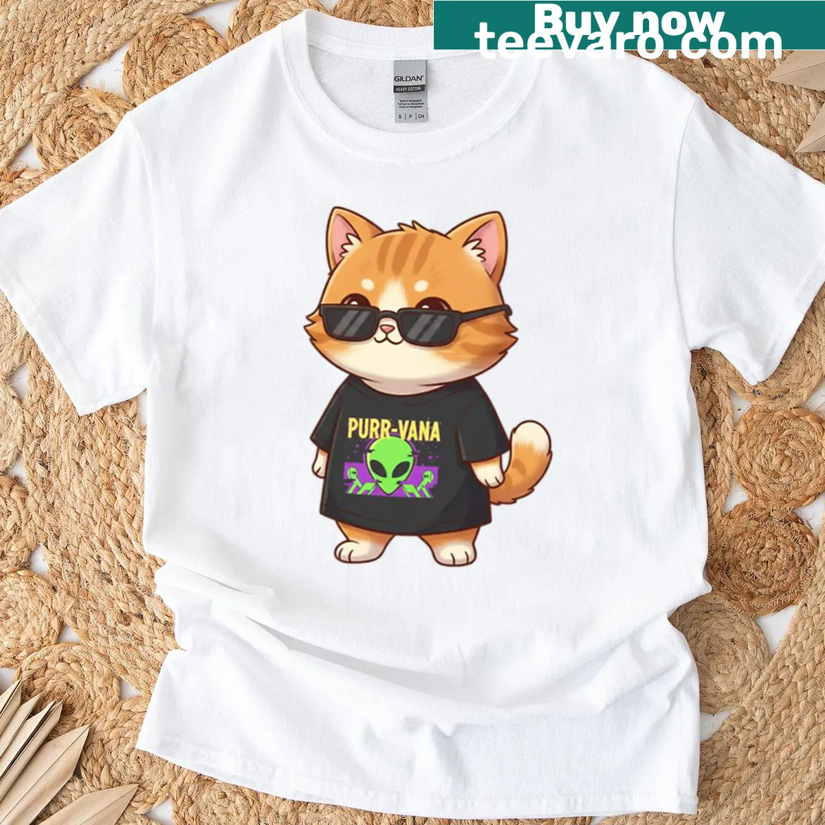 Vintage-style T-shirt featuring a fluffy cat in band graphics — on a men's t-shirt