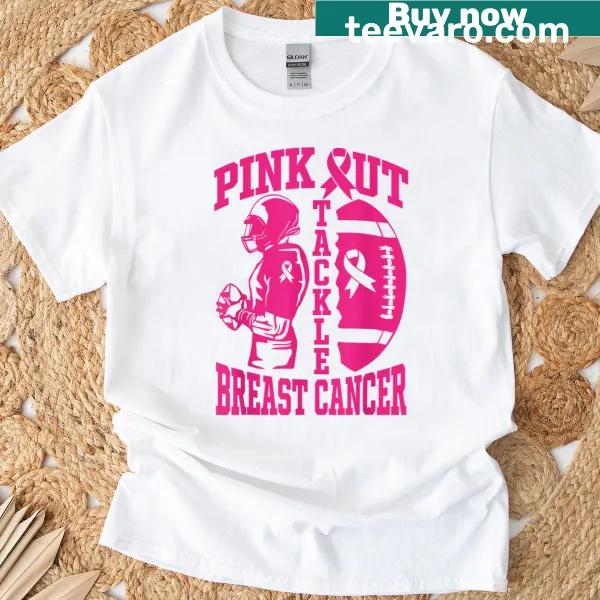Football-themed T-shirt with pink ribbon graphic