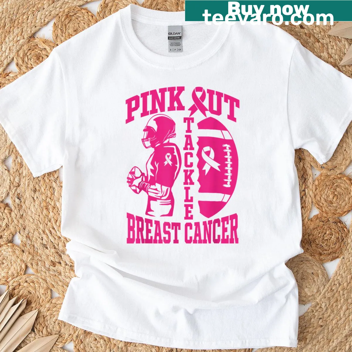 Football-themed T-shirt with pink ribbon graphic — on a men's t-shirt