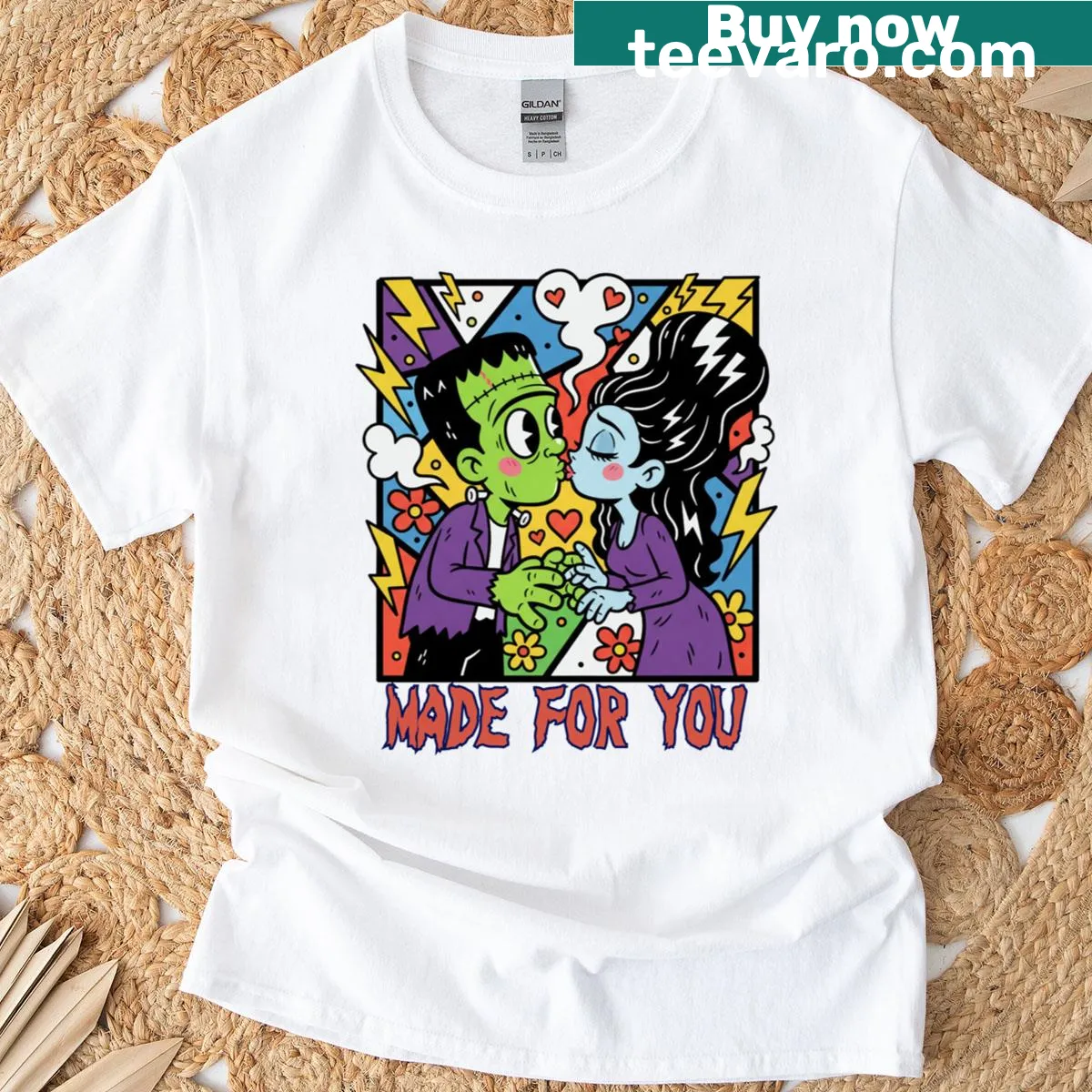 Playful illustration of Frankenstein and his bride on a T-shirt. — on a men's t-shirt