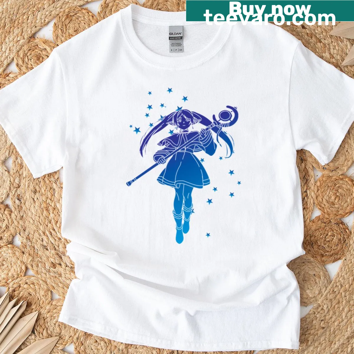 Frieren character amidst stars on a T-shirt — on a men's t-shirt