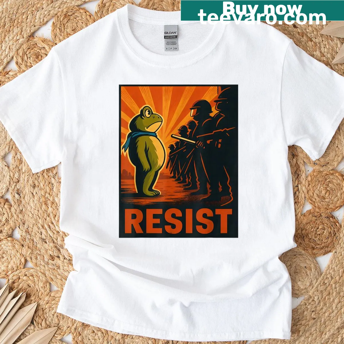 Frog activist t-shirt with humorous protest message — on a men's t-shirt