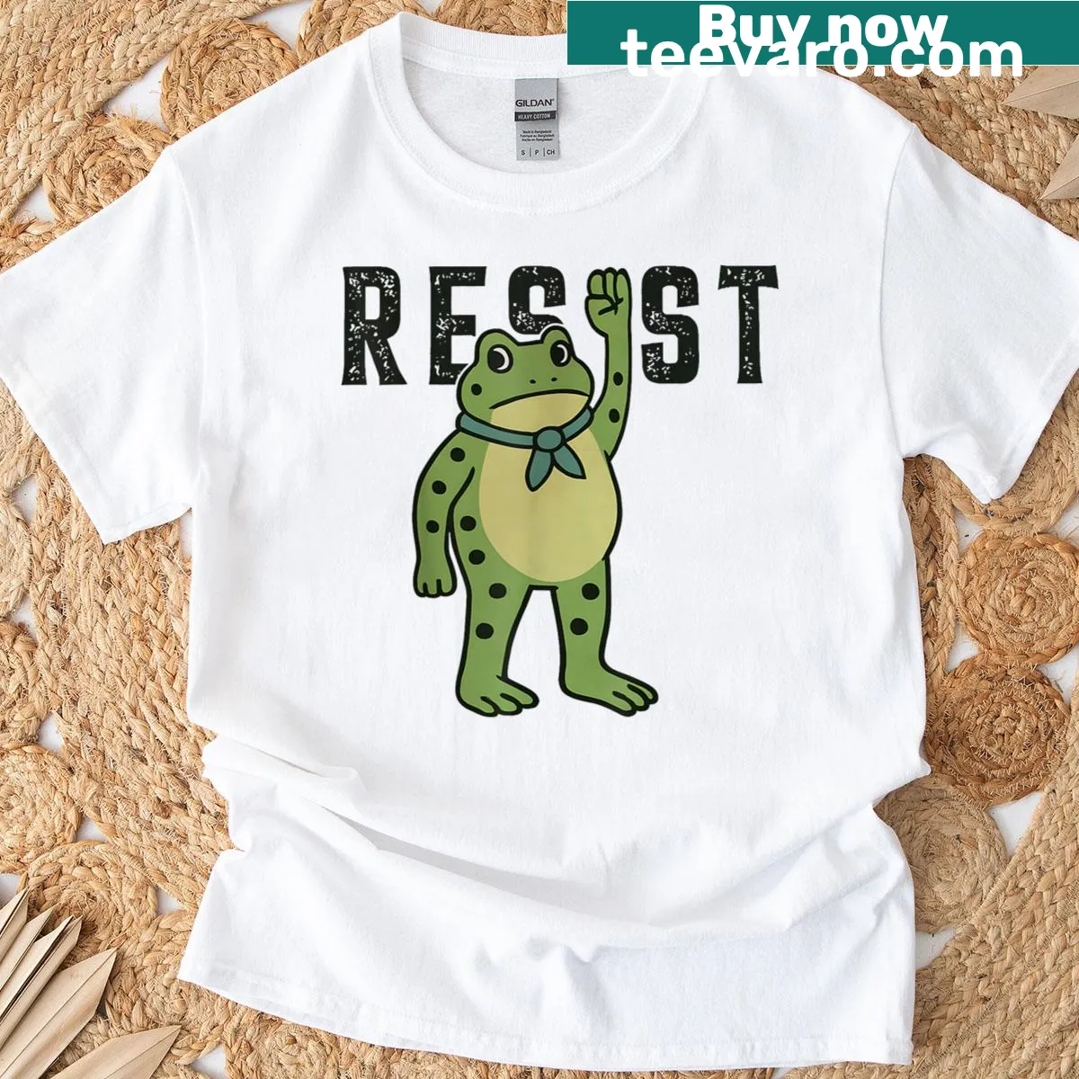 Typography t-shirt with 'Frogs Resist' slogan and frog graphics — on a men's t-shirt