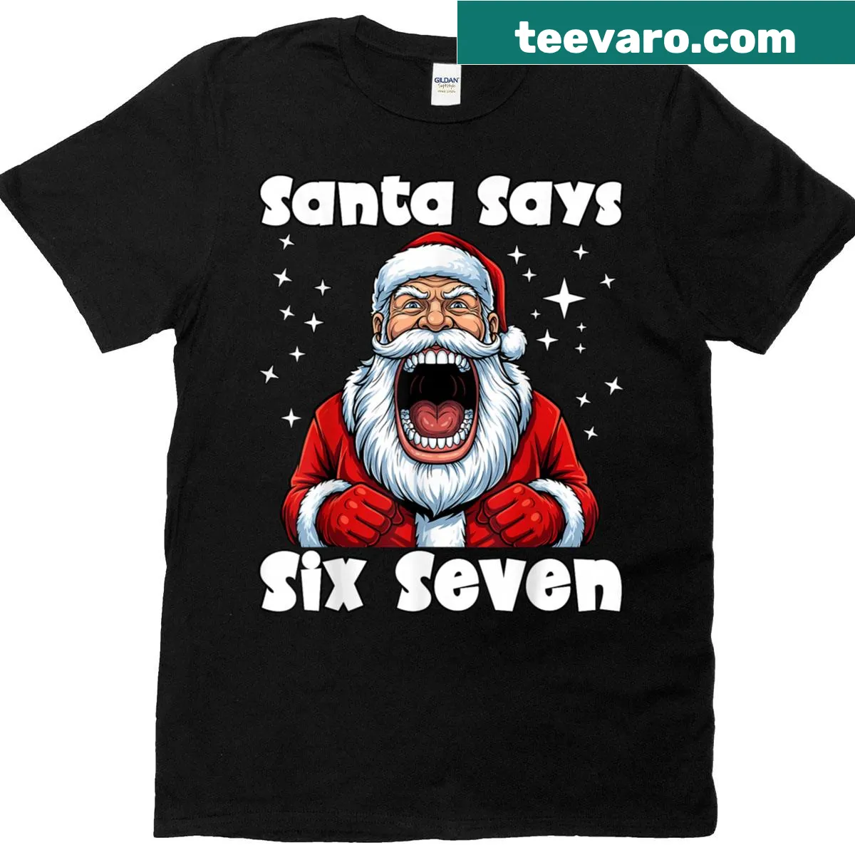Funny Christmas T-shirt with Santa and big mouth boy graphic — on a men's t-shirt