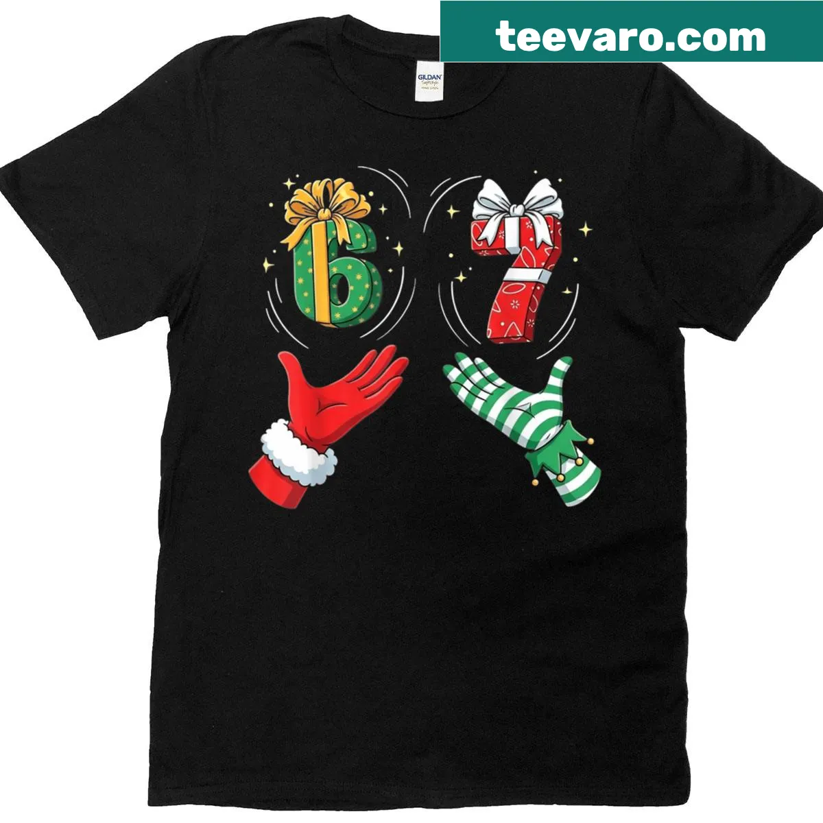 Humorous Christmas T-shirt with '67 Six Seven' text design — on a men's t-shirt