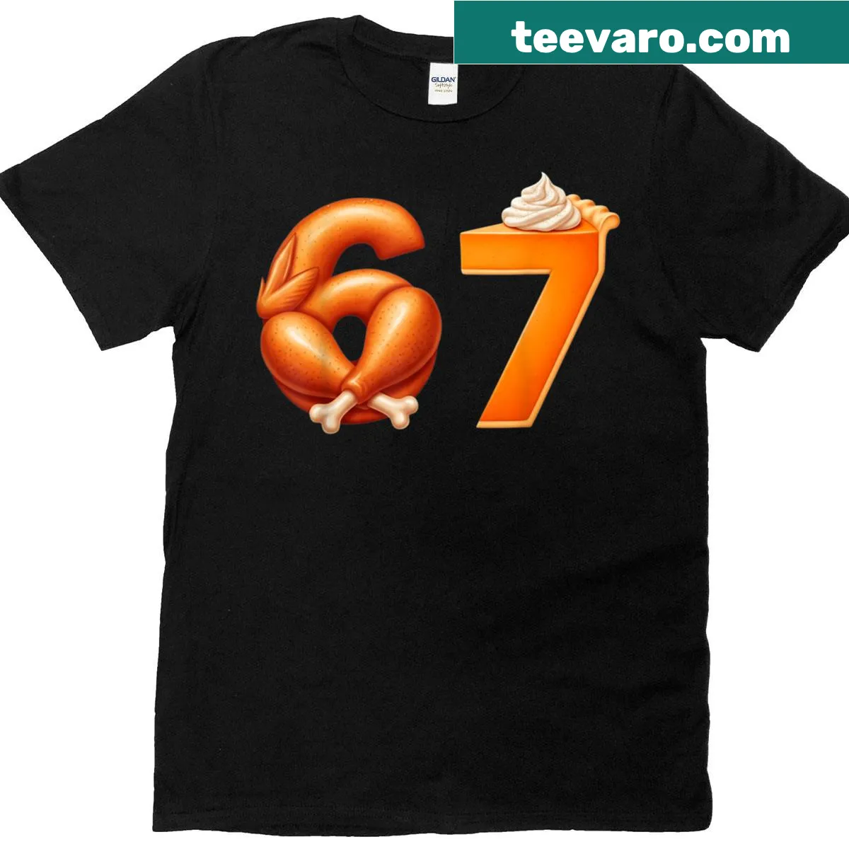 Funny Thanksgiving tee featuring '67' meme with turkey and pumpkin pie — on a men's t-shirt