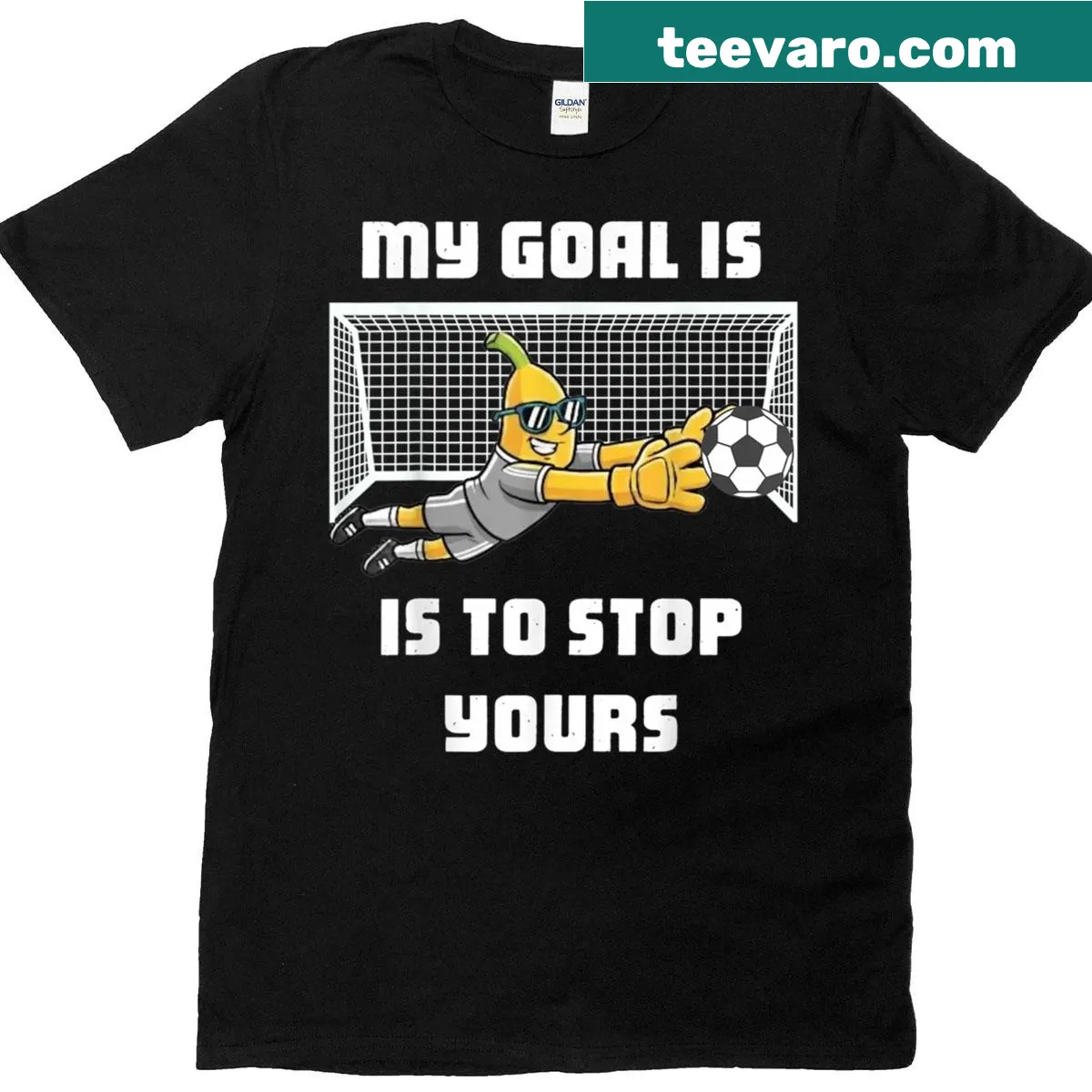 Humorous t-shirt featuring a banana goalkeeper for soccer fans — on a men's t-shirt