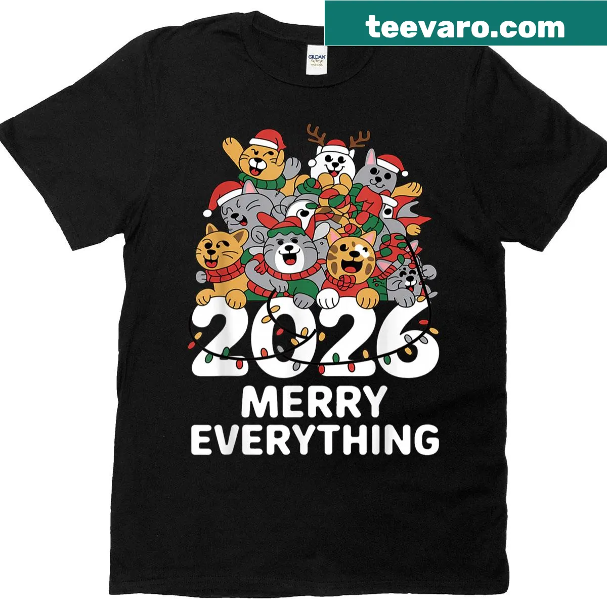 Christmas-themed T-shirt featuring funny cartoon cats — on a men's t-shirt