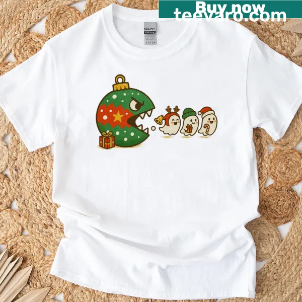 Cartoon t-shirt of a ghost eating Christmas ornaments in video game style