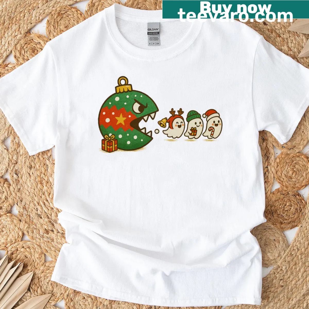 Cartoon t-shirt of a ghost eating Christmas ornaments in video game style — on a men's t-shirt