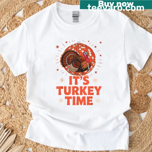 Cartoon t-shirt featuring funny disco turkeys for Thanksgiving