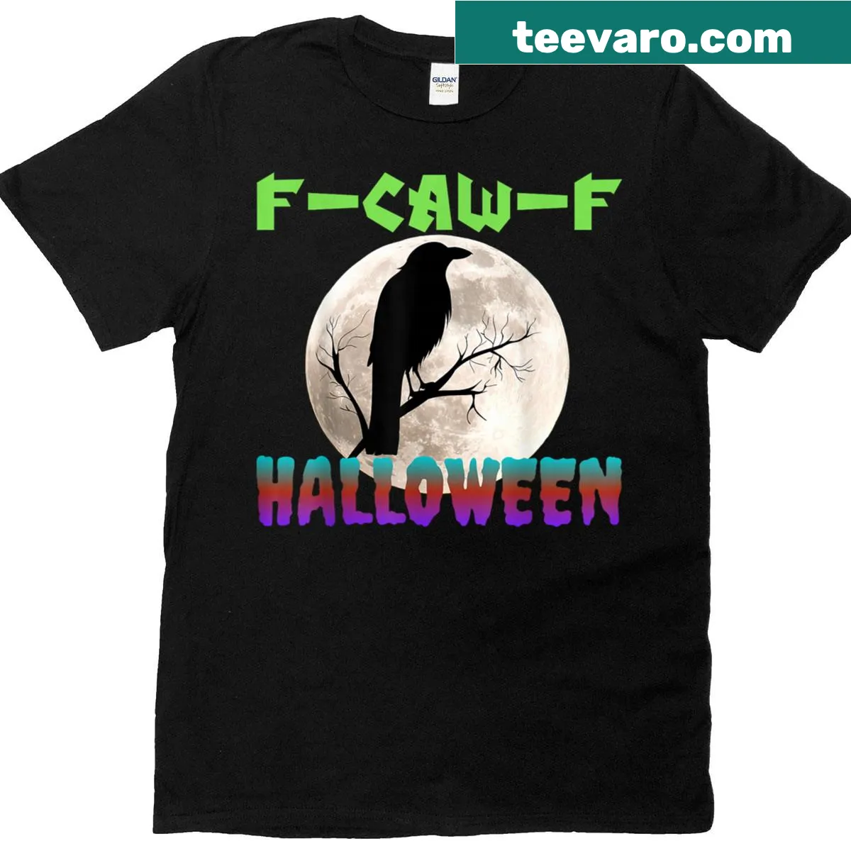 Funny Halloween T-shirt with black crow and 'F-caw-f' phrase — on a men's t-shirt