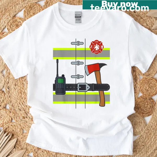 Cartoon firefighter Halloween graphic on a T-shirt for all ages.