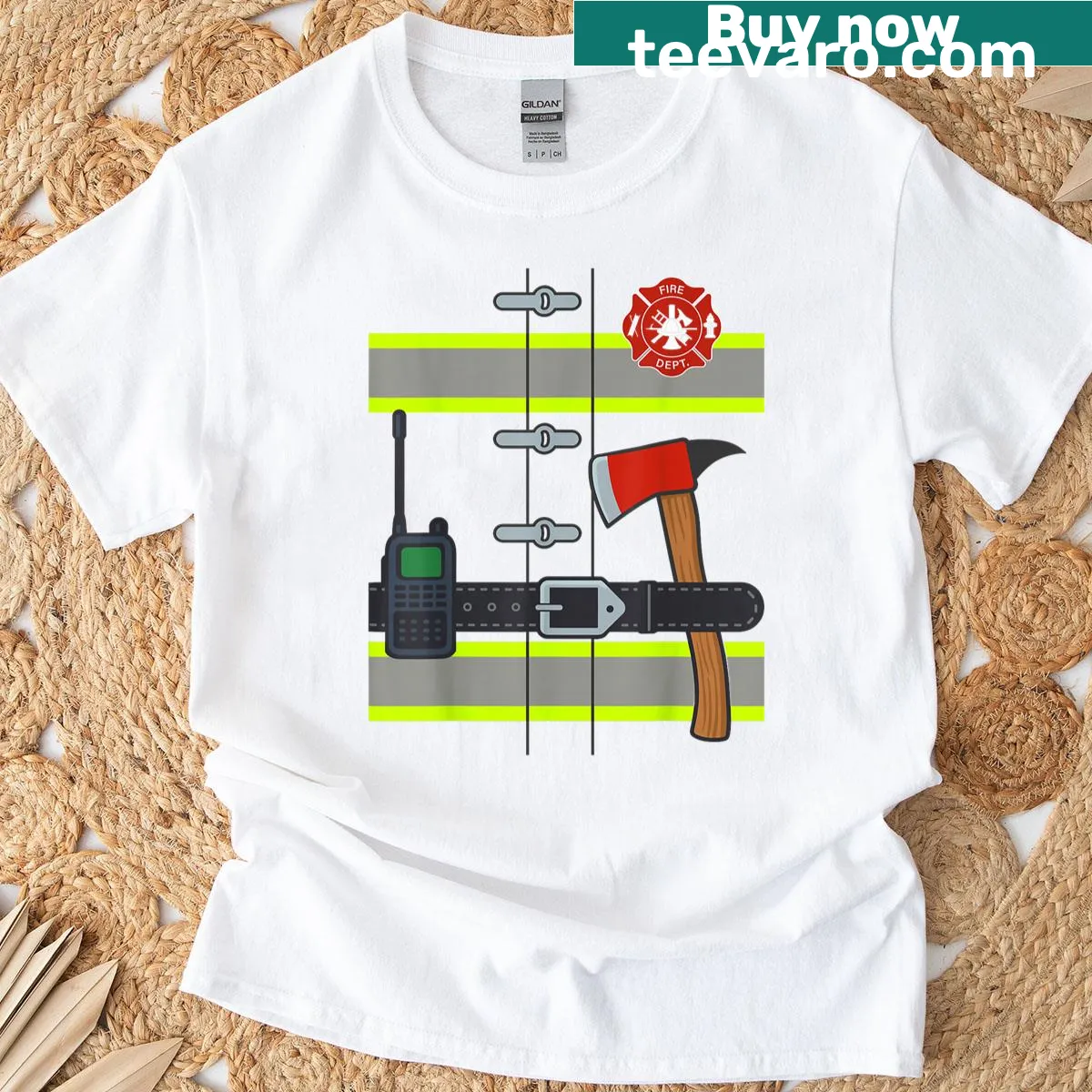 Cartoon firefighter Halloween graphic on a T-shirt for all ages. — on a men's t-shirt