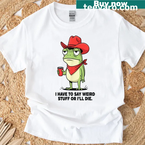 Cartoon cowboy frog with humorous text about saying weird stuff