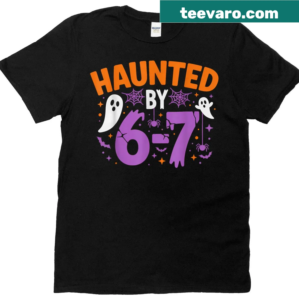 Humorous t-shirt stating Haunted By 67 Scary Halloween Vibes — on a men's t-shirt