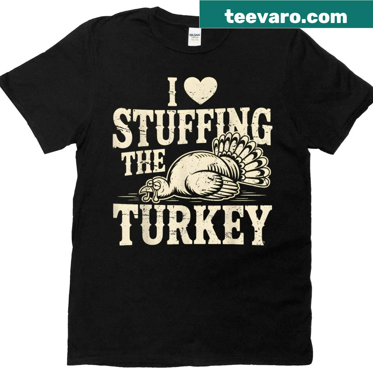 Funny Thanksgiving t-shirt with text about stuffing the turkey — on a men's t-shirt