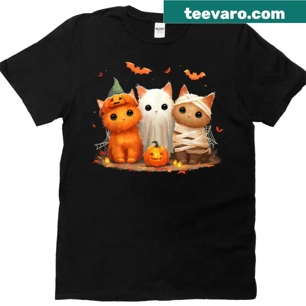 Cartoon kitten witch with pumpkins graphic for Halloween kids t-shirt