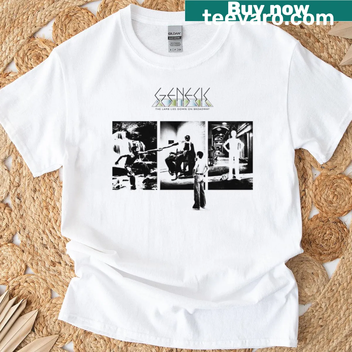 Genesis T-shirt featuring artwork from 'The Lamb Lies Down On Broadway' — on a men's t-shirt