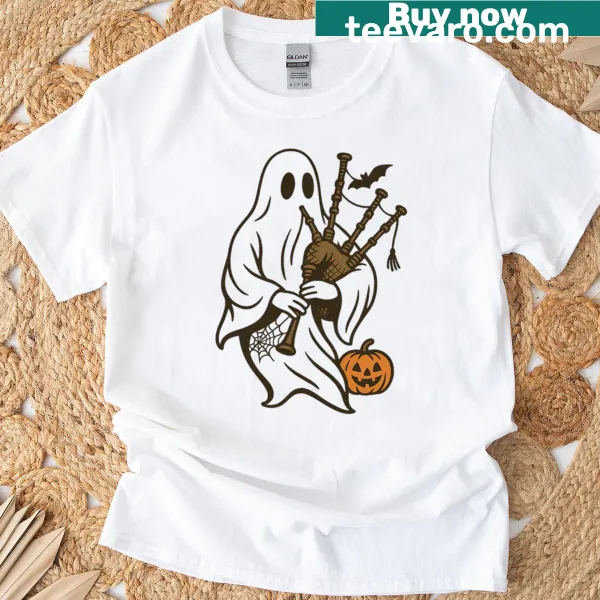 Illustration of a ghost bagpiper on an oversized Halloween t-shirt