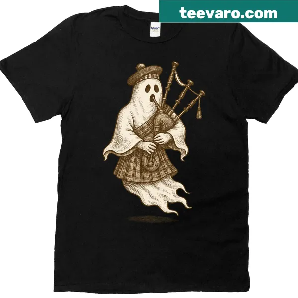 Vintage etching of a ghostly bagpiper on a Halloween-themed t-shirt