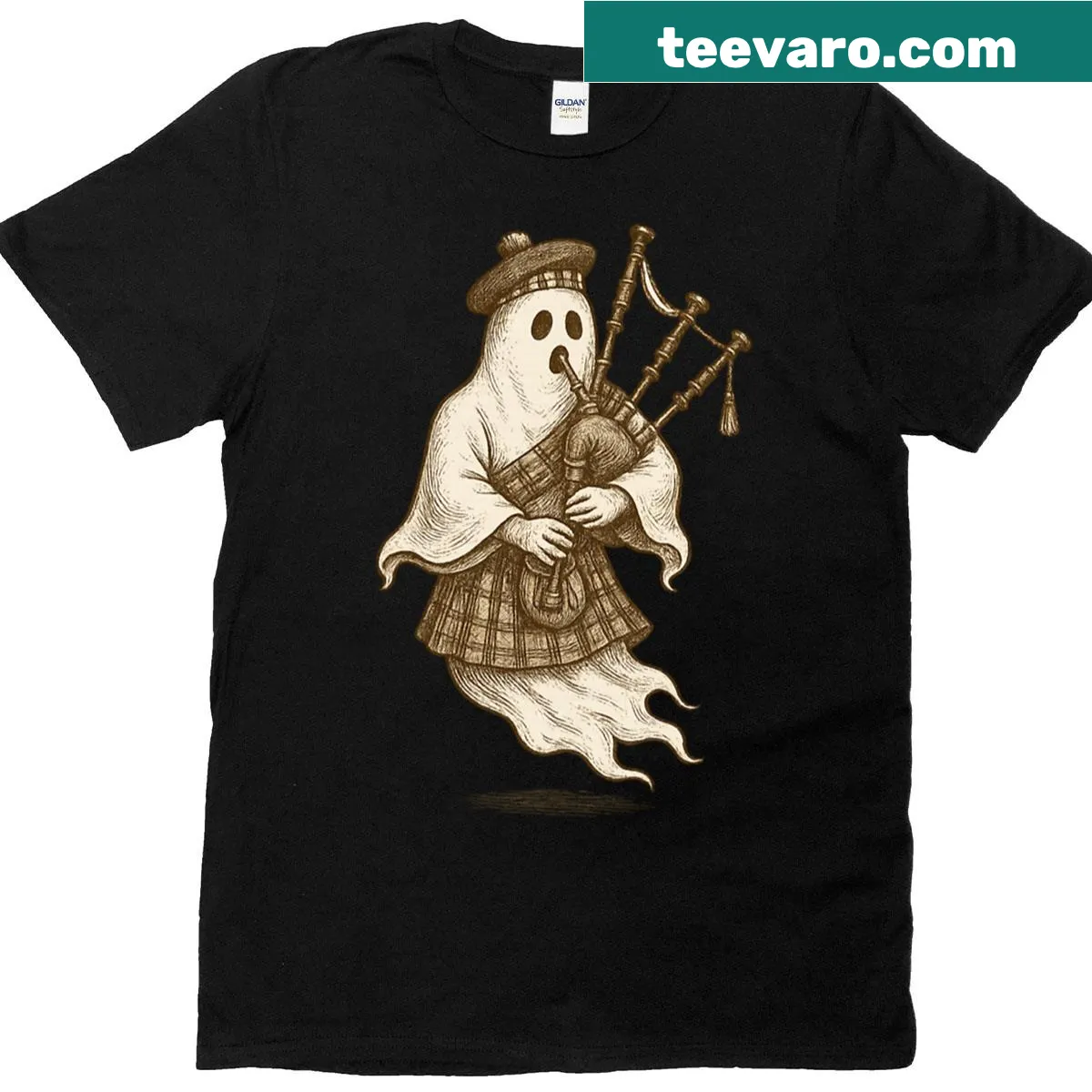 Vintage etching of a ghostly bagpiper on a Halloween-themed t-shirt — on a men's t-shirt