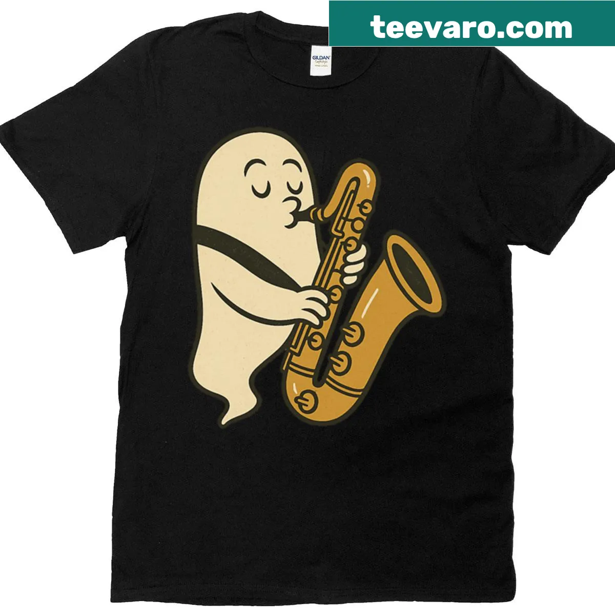 Retro oversized t-shirt featuring a ghost baritone saxophonist — on a men's t-shirt