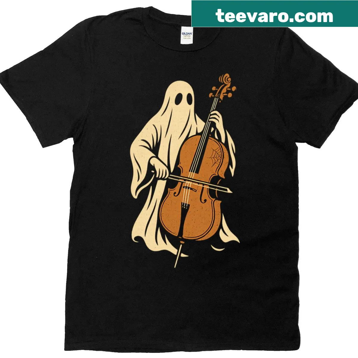 Retro ghost cellist design on a Halloween t-shirt — on a men's t-shirt