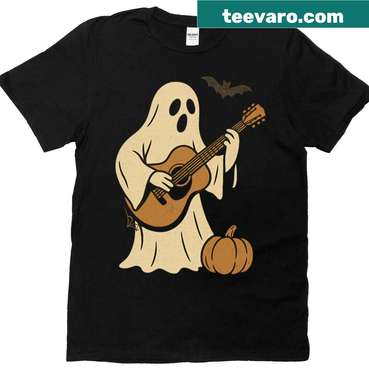 Retro Halloween shirt with ghost guitarist graphic — on a men's t-shirt