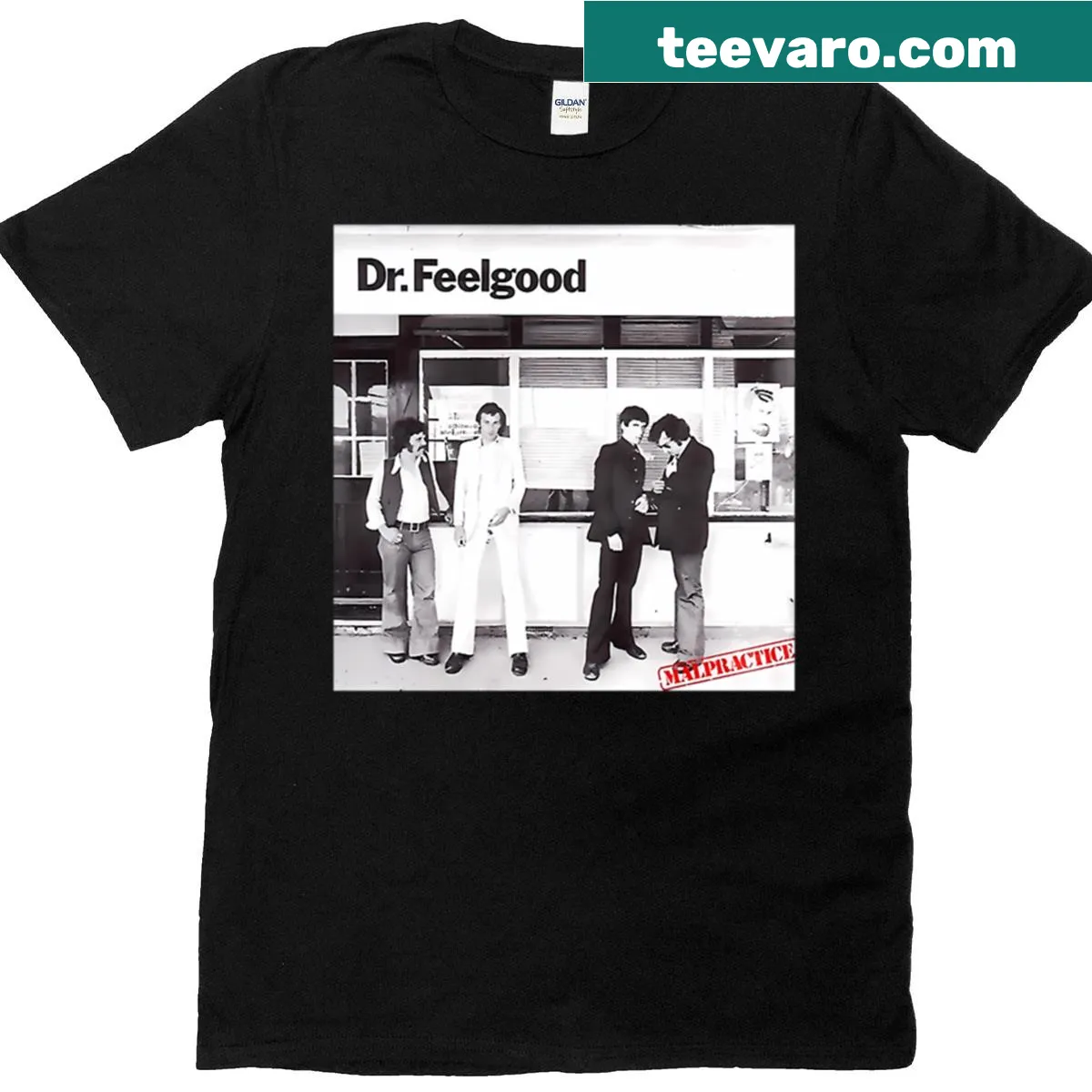 Vintage retro t-shirt with 'Dr. Feelgood' design in distressed print — on a men's t-shirt