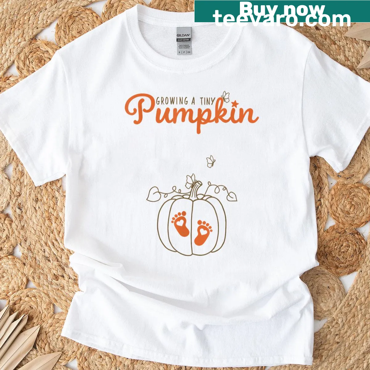 Maternity T-shirt with a tiny pumpkin graphic for Thanksgiving — on a men's t-shirt