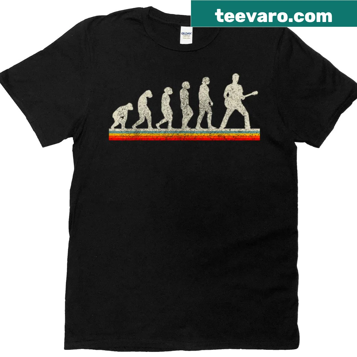 Vintage retro T-shirt depicting the evolution of guitar players for musicians — on a men's t-shirt