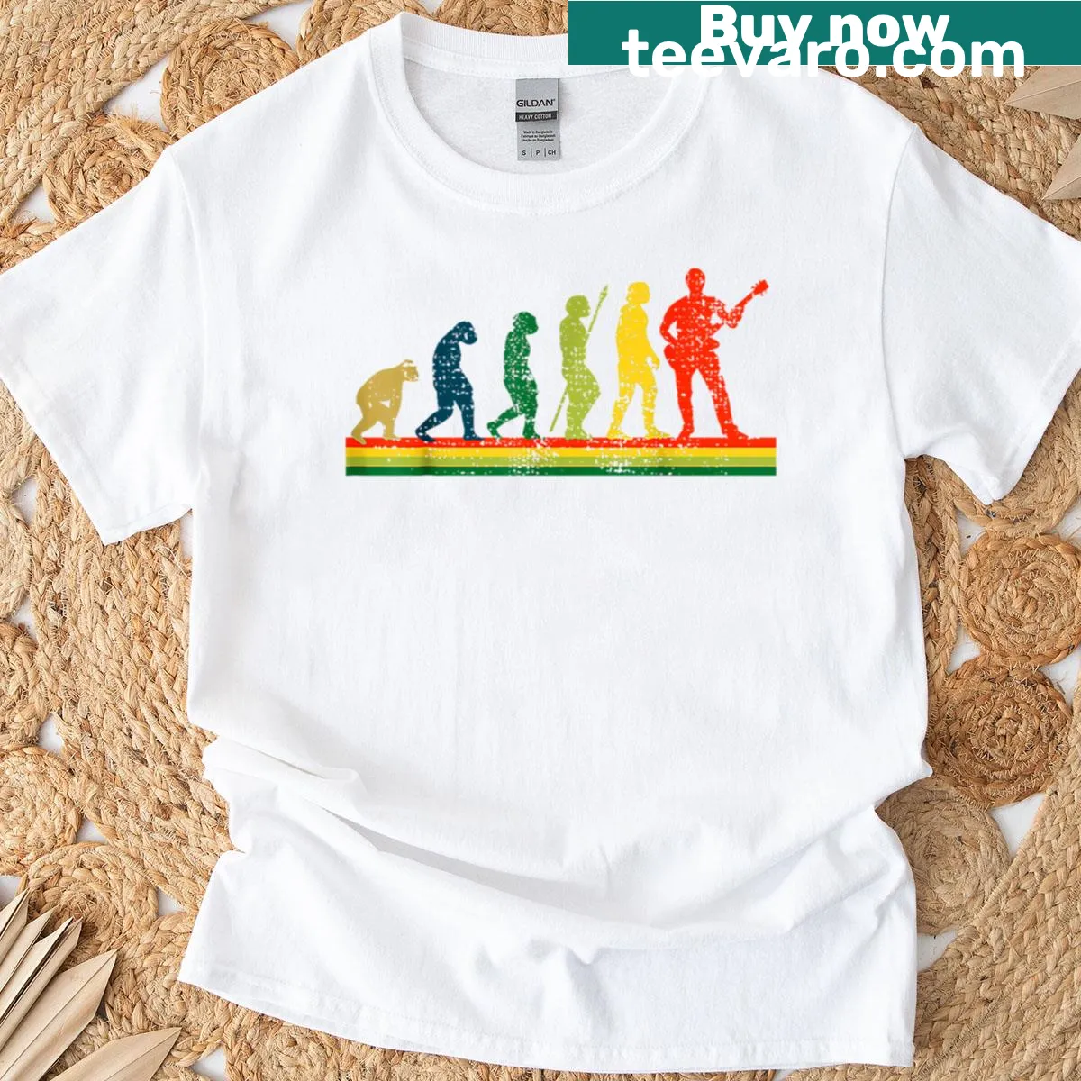 Illustrated evolution of a guitarist on a vintage T-shirt — on a men's t-shirt