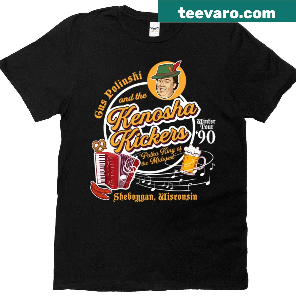 Illustrated T-shirt featuring Gus Polinski and the Kenosha Kickers — on a men's t-shirt