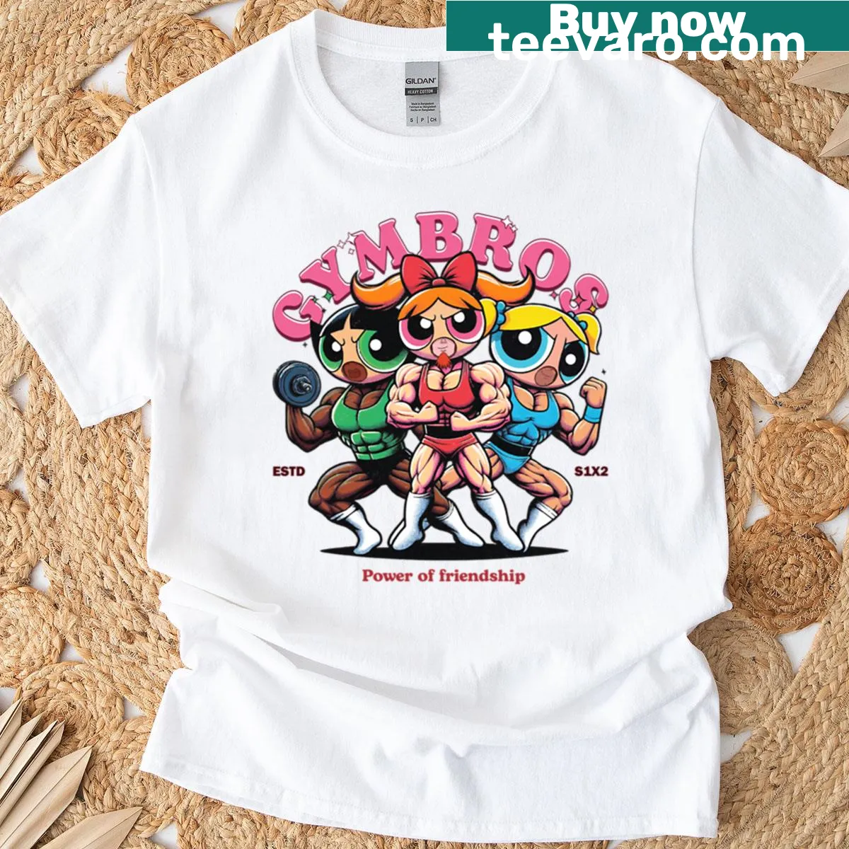 Gymbros Powerpuff Boys fun gym-themed T-shirt — on a men's t-shirt